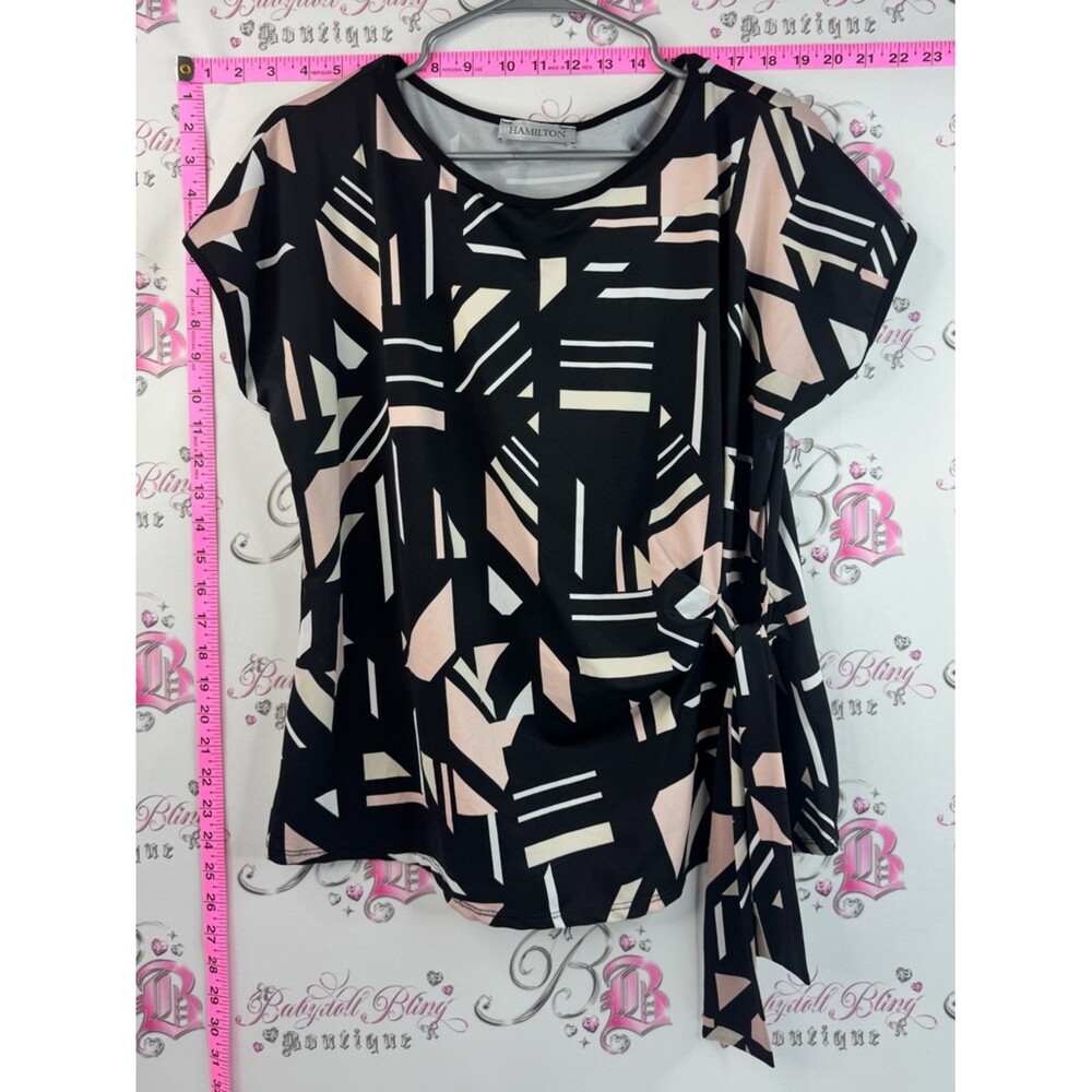 Hamilton tshirt tie up Black Geometric Short Sleeve Tie-Waist Top Blush & Cream